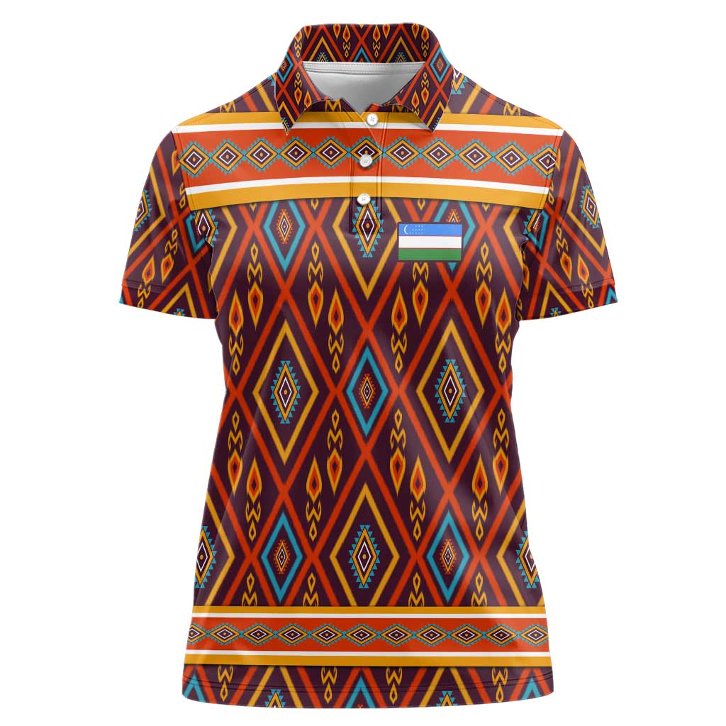 Uzbekistan Women Polo Shirt with Traditional Geometric Motif Design - Wonder Print Shop