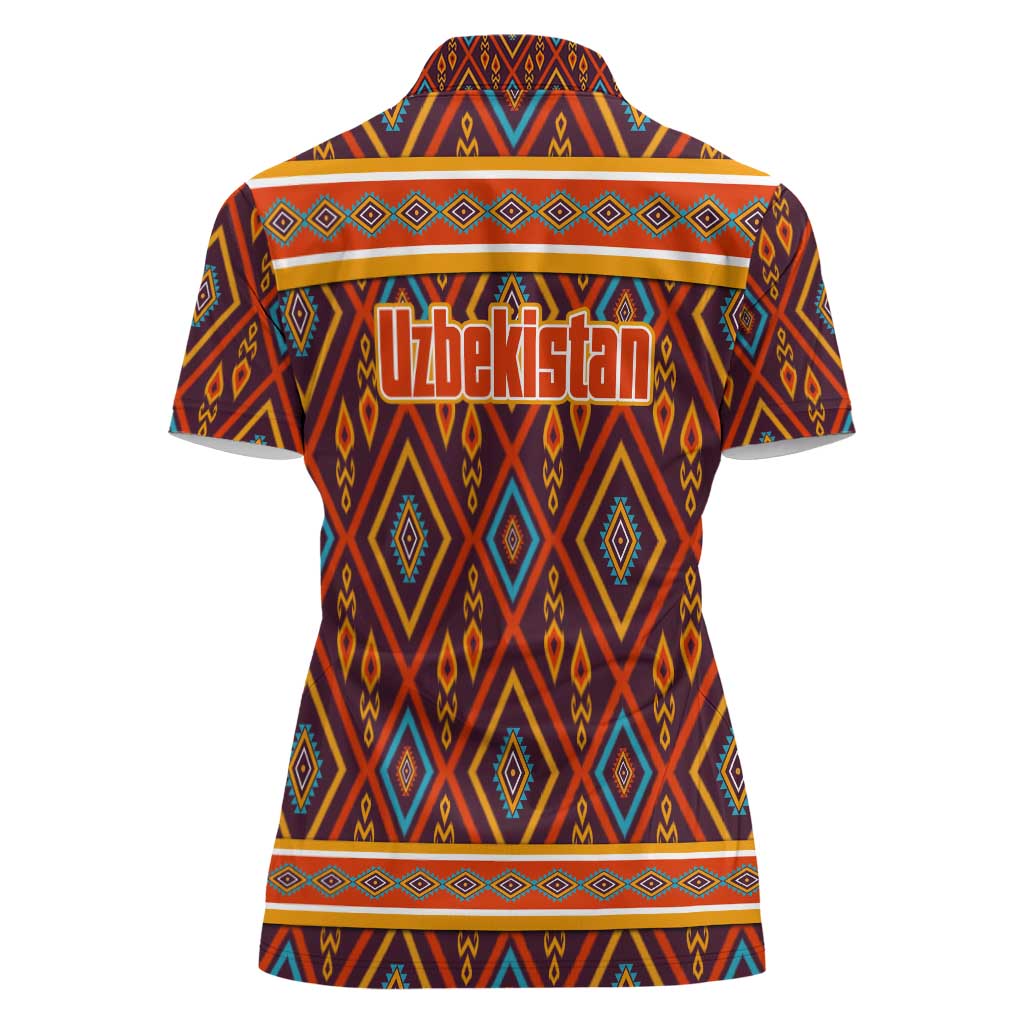 Uzbekistan Women Polo Shirt with Traditional Geometric Motif Design - Wonder Print Shop