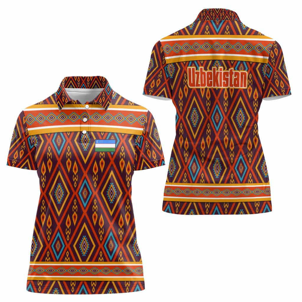 Uzbekistan Women Polo Shirt with Traditional Geometric Motif Design - Wonder Print Shop