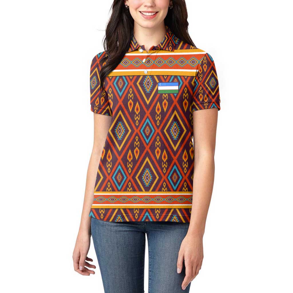 Uzbekistan Women Polo Shirt with Traditional Geometric Motif Design - Wonder Print Shop