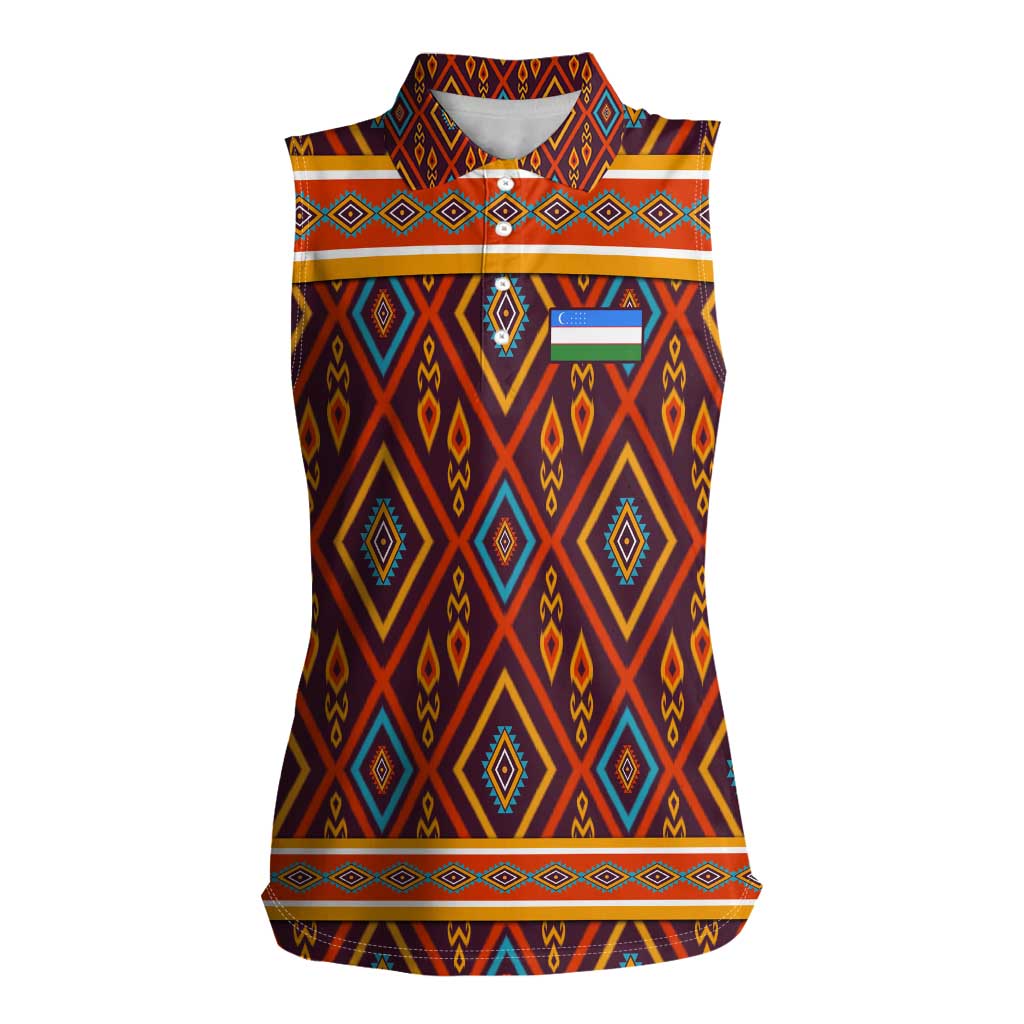 Uzbekistan Women Sleeveless Polo Shirt with Traditional Geometric Motif Design - Wonder Print Shop
