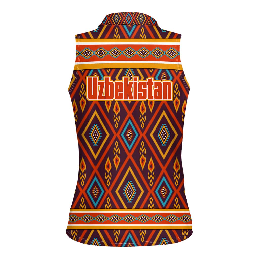 Uzbekistan Women Sleeveless Polo Shirt with Traditional Geometric Motif Design - Wonder Print Shop