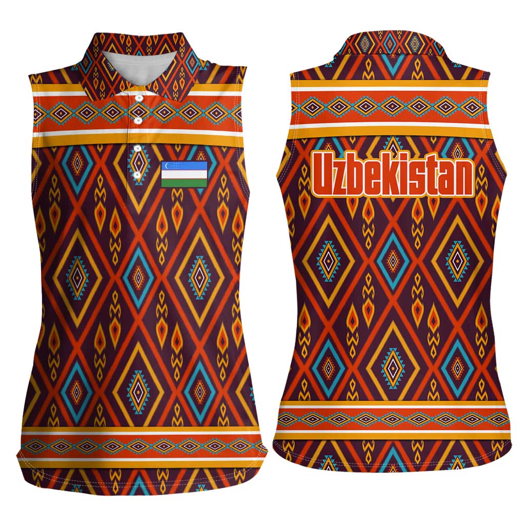 Uzbekistan Women Sleeveless Polo Shirt with Traditional Geometric Motif Design - Wonder Print Shop