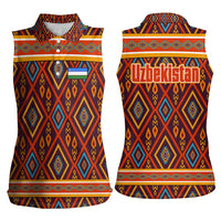 Uzbekistan Women Sleeveless Polo Shirt with Traditional Geometric Motif Design - Wonder Print Shop