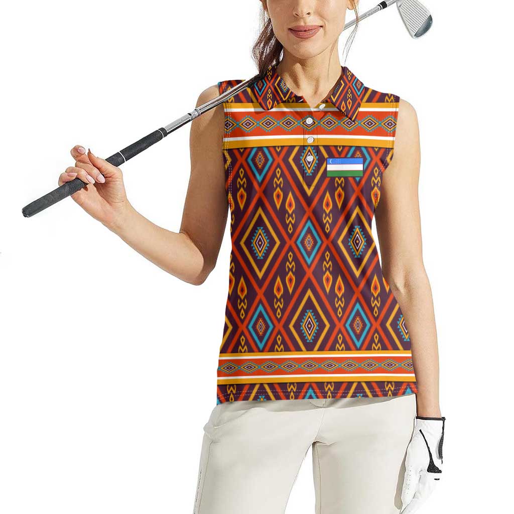 Uzbekistan Women Sleeveless Polo Shirt with Traditional Geometric Motif Design - Wonder Print Shop