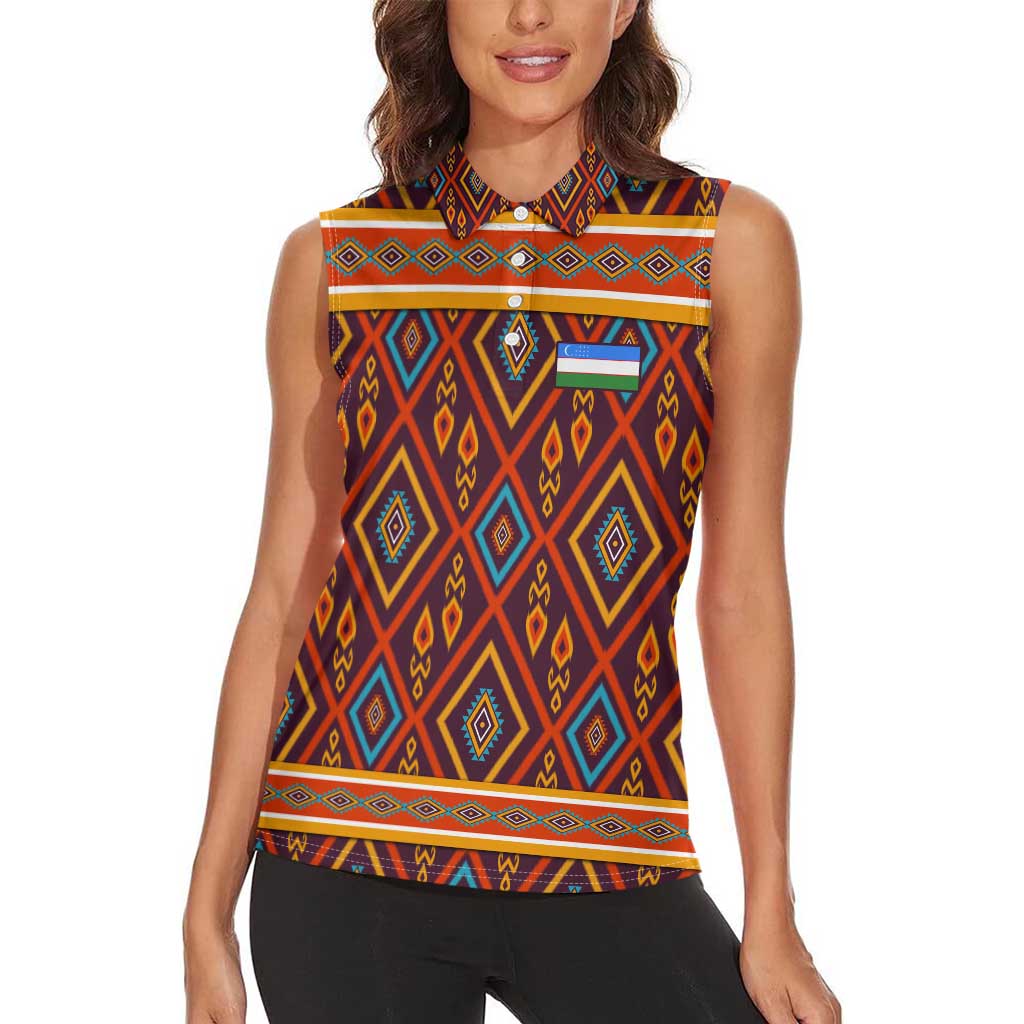 Uzbekistan Women Sleeveless Polo Shirt with Traditional Geometric Motif Design - Wonder Print Shop
