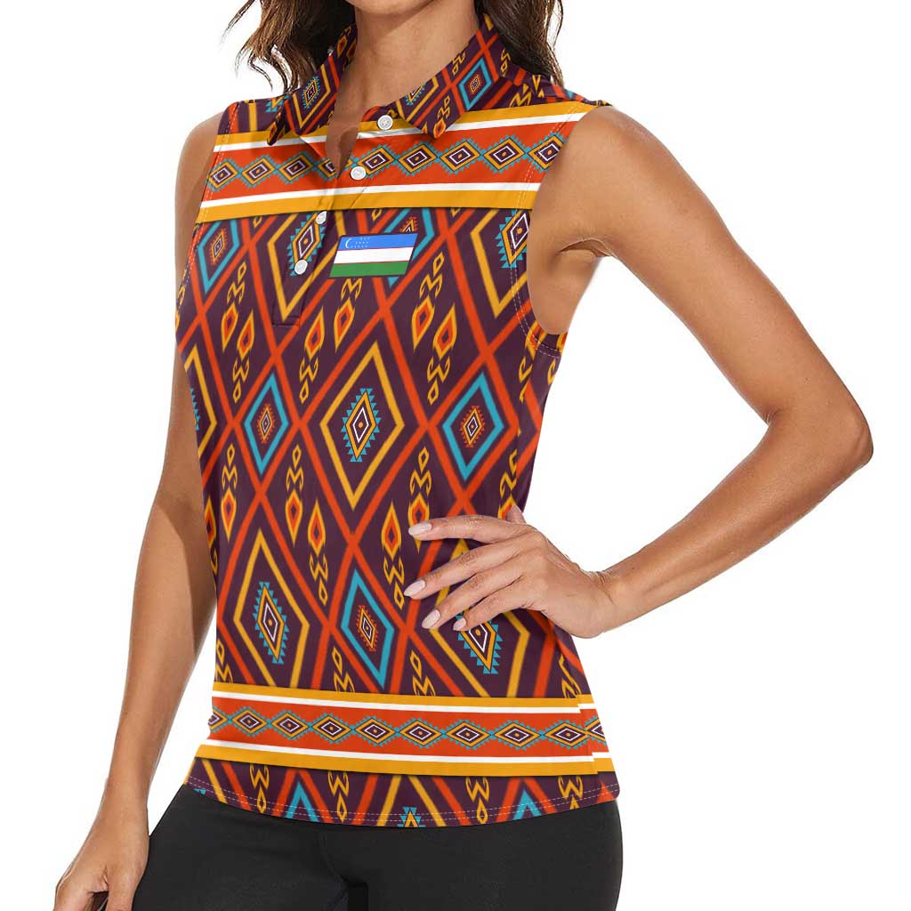 Uzbekistan Women Sleeveless Polo Shirt with Traditional Geometric Motif Design - Wonder Print Shop