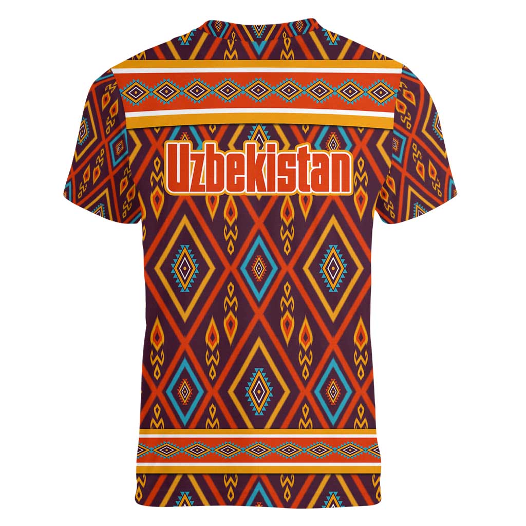 Uzbekistan Women V-Neck T-Shirt with Traditional Geometric Motif Design - Wonder Print Shop