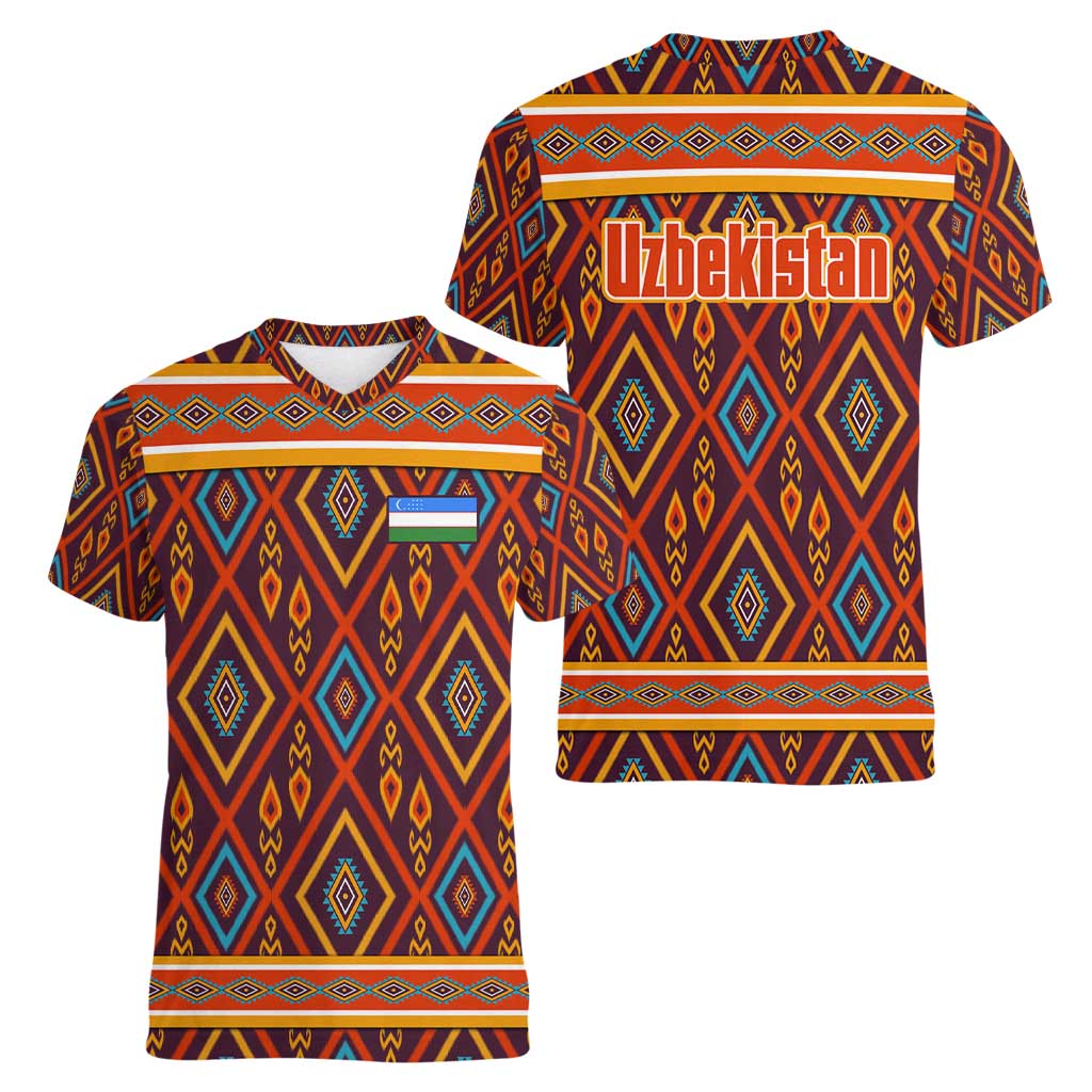 Uzbekistan Women V-Neck T-Shirt with Traditional Geometric Motif Design - Wonder Print Shop