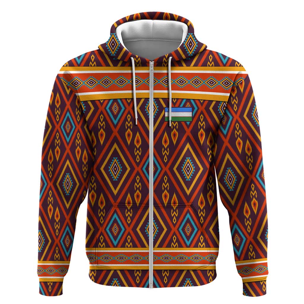 Uzbekistan Zip Hoodie with Traditional Geometric Motif Design - Wonder Print Shop