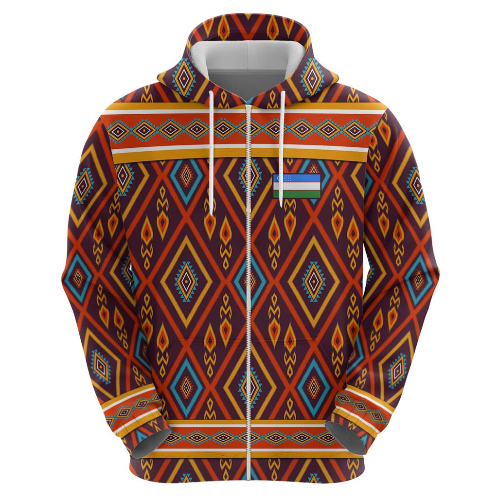 Uzbekistan Zip Hoodie with Traditional Geometric Motif Design - Wonder Print Shop