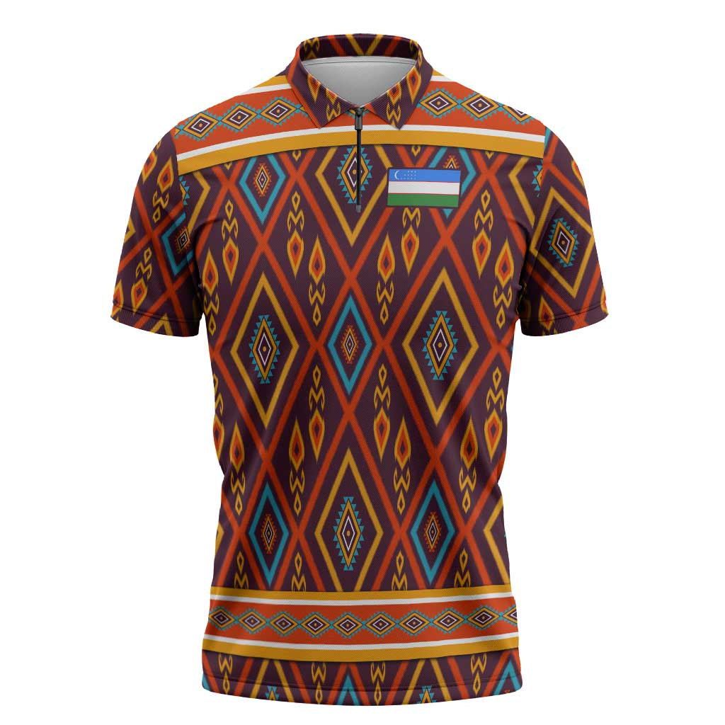 Uzbekistan Zipper Polo Shirt with Traditional Geometric Motif Design - Wonder Print Shop