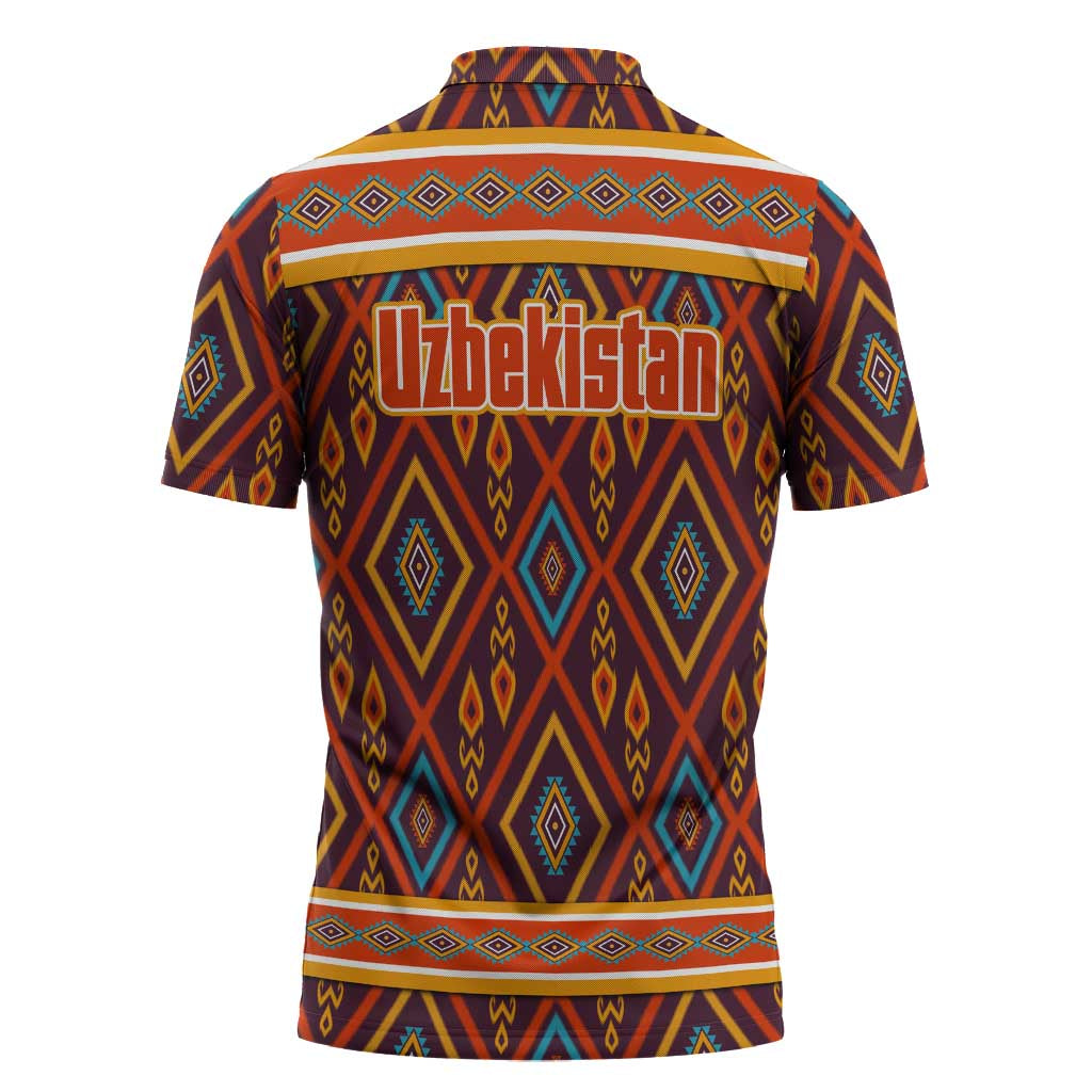 Uzbekistan Zipper Polo Shirt with Traditional Geometric Motif Design - Wonder Print Shop