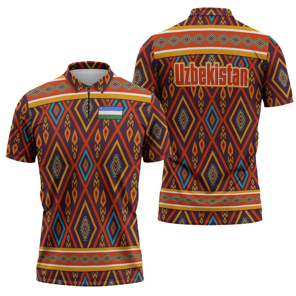Uzbekistan Zipper Polo Shirt with Traditional Geometric Motif Design - Wonder Print Shop