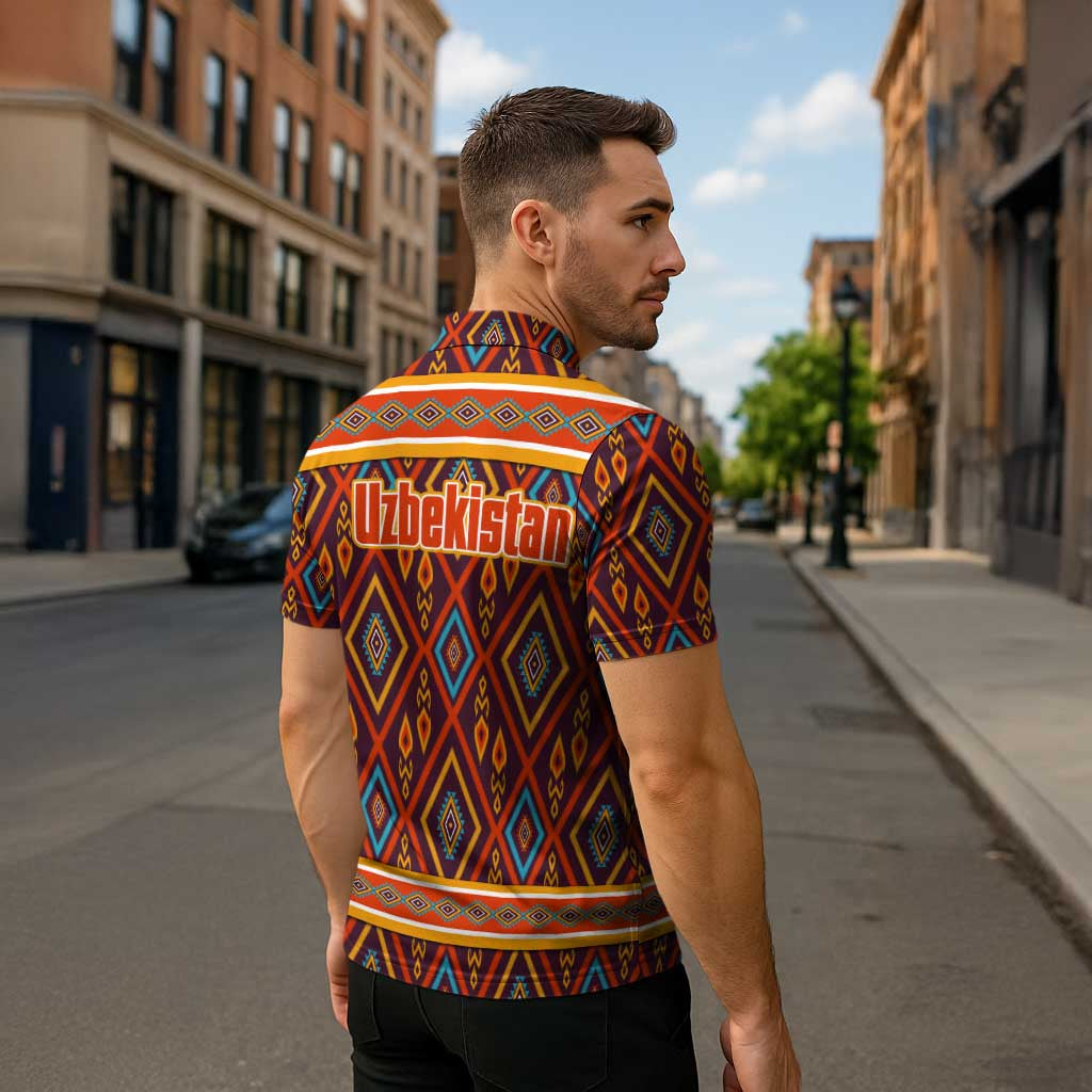 Uzbekistan Zipper Polo Shirt with Traditional Geometric Motif Design - Wonder Print Shop