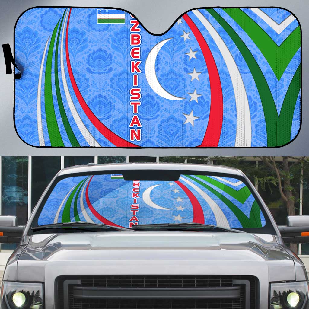 Uzbekistan Auto Sun Shade with Crescent Star and Ornamental Swirl Design - Wonder Print Shop