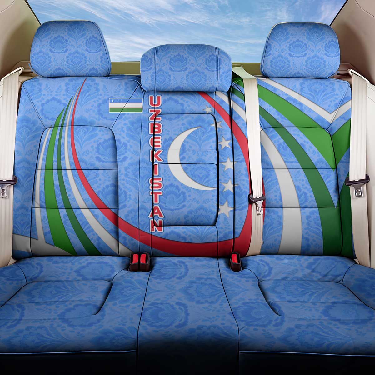 Uzbekistan Back Car Seat Cover with Crescent Star and Ornamental Swirl Design - Wonder Print Shop