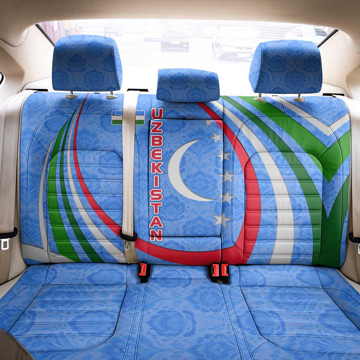 Uzbekistan Back Car Seat Cover with Crescent Star and Ornamental Swirl Design - Wonder Print Shop