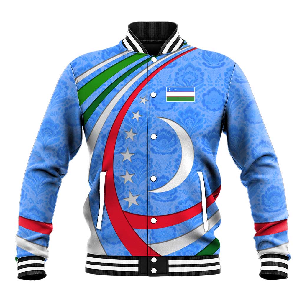 Uzbekistan Baseball Jacket with Crescent Star and Ornamental Swirl Design - Wonder Print Shop