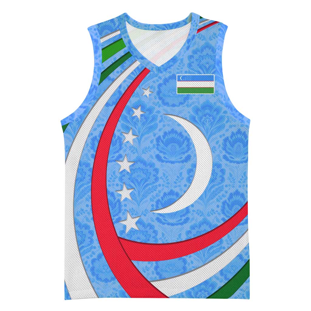 Uzbekistan Basketball Jersey with Crescent Star and Ornamental Swirl Design - Wonder Print Shop