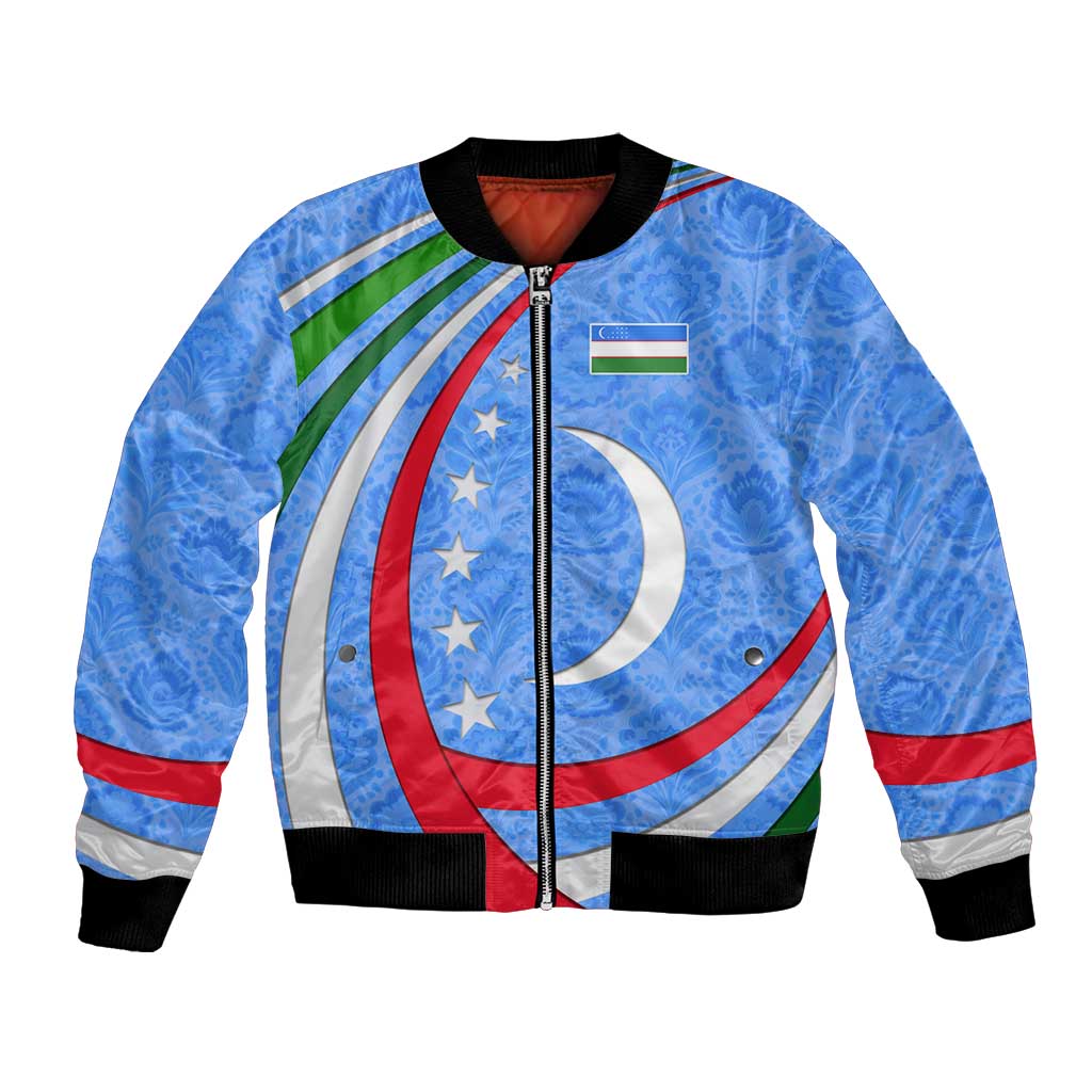Uzbekistan Bomber Jacket with Crescent Star and Ornamental Swirl Design - Wonder Print Shop