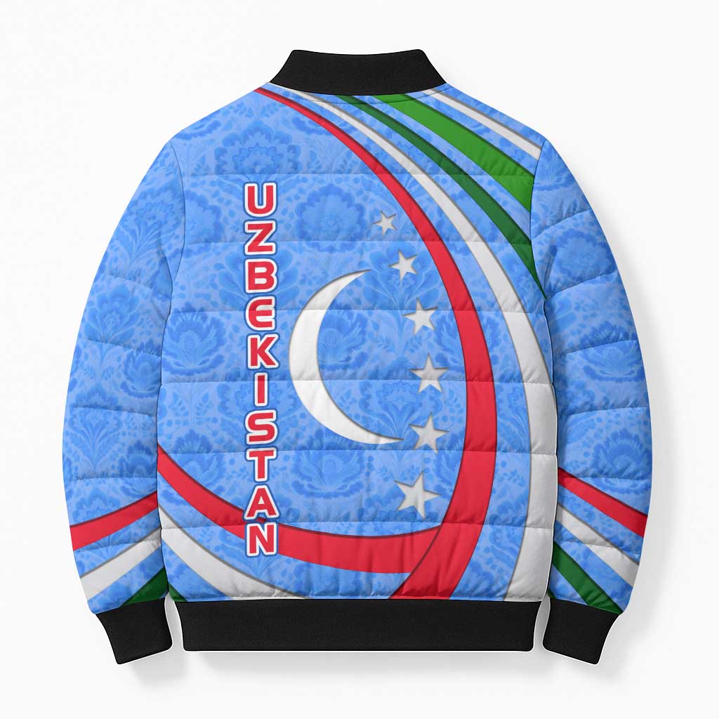 Uzbekistan Bomber Puffer Jacket with Crescent Star and Ornamental Swirl Design - Wonder Print Shop