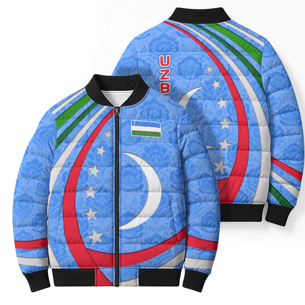 Uzbekistan Bomber Puffer Jacket with Crescent Star and Ornamental Swirl Design - Wonder Print Shop