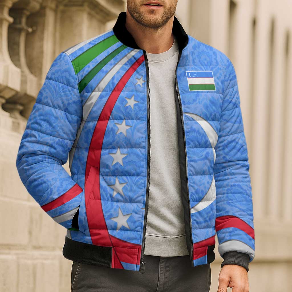 Uzbekistan Bomber Puffer Jacket with Crescent Star and Ornamental Swirl Design - Wonder Print Shop