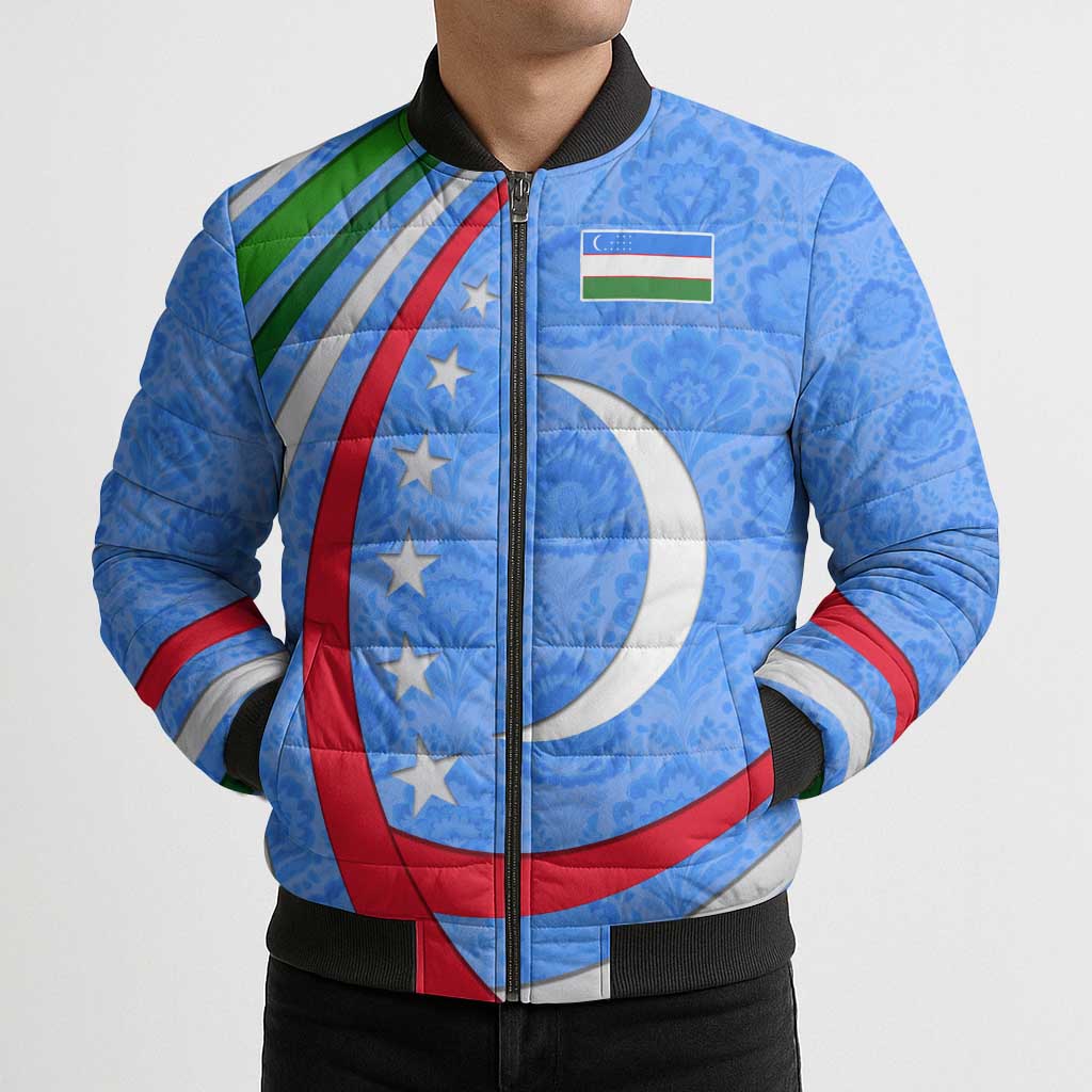 Uzbekistan Bomber Puffer Jacket with Crescent Star and Ornamental Swirl Design - Wonder Print Shop