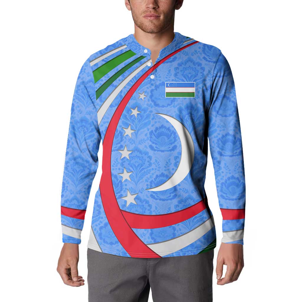 Uzbekistan Button Sweatshirt with Crescent Star and Ornamental Swirl Design - Wonder Print Shop