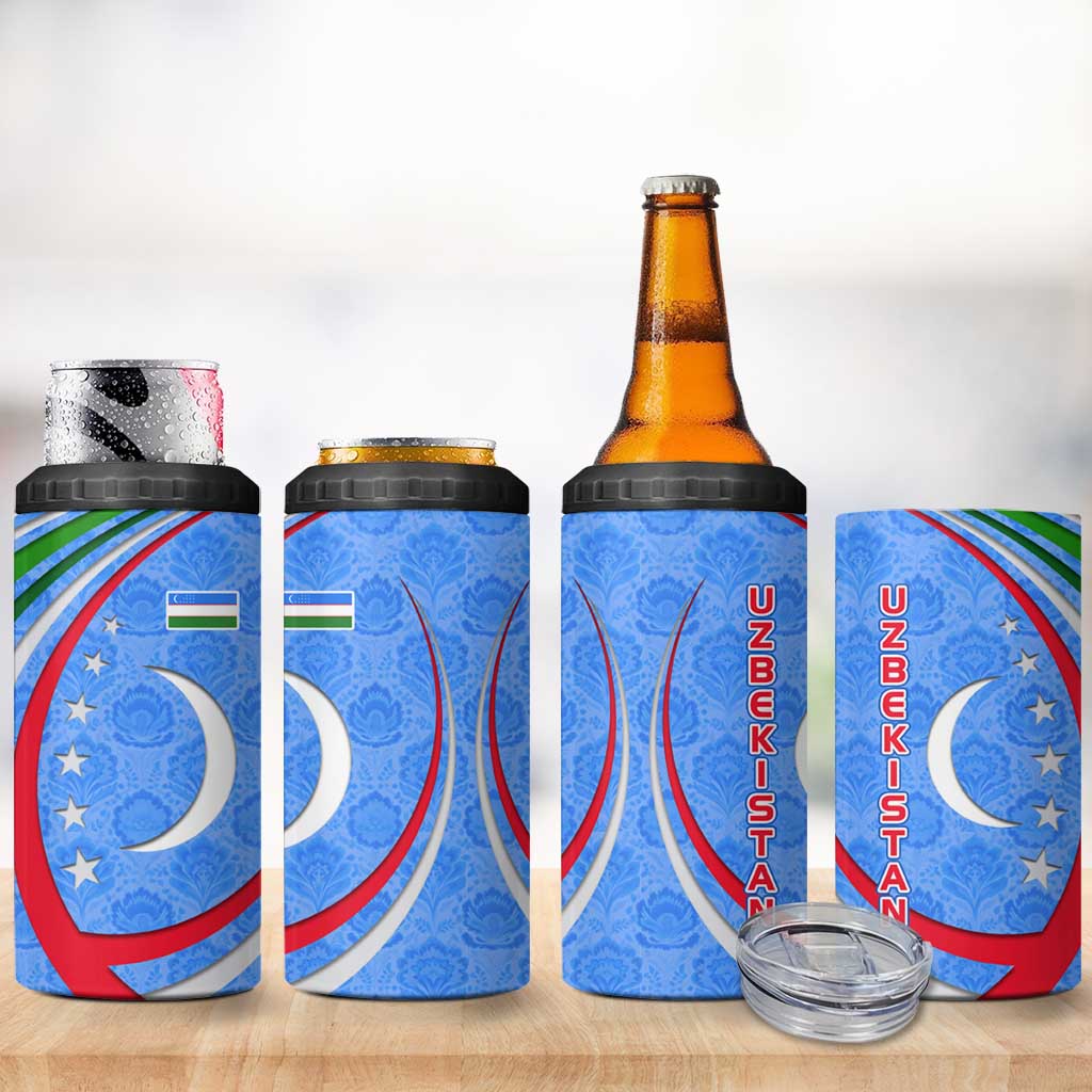 Uzbekistan 4 in 1 Can Cooler Tumbler with Crescent Star and Ornamental Swirl Design - Wonder Print Shop