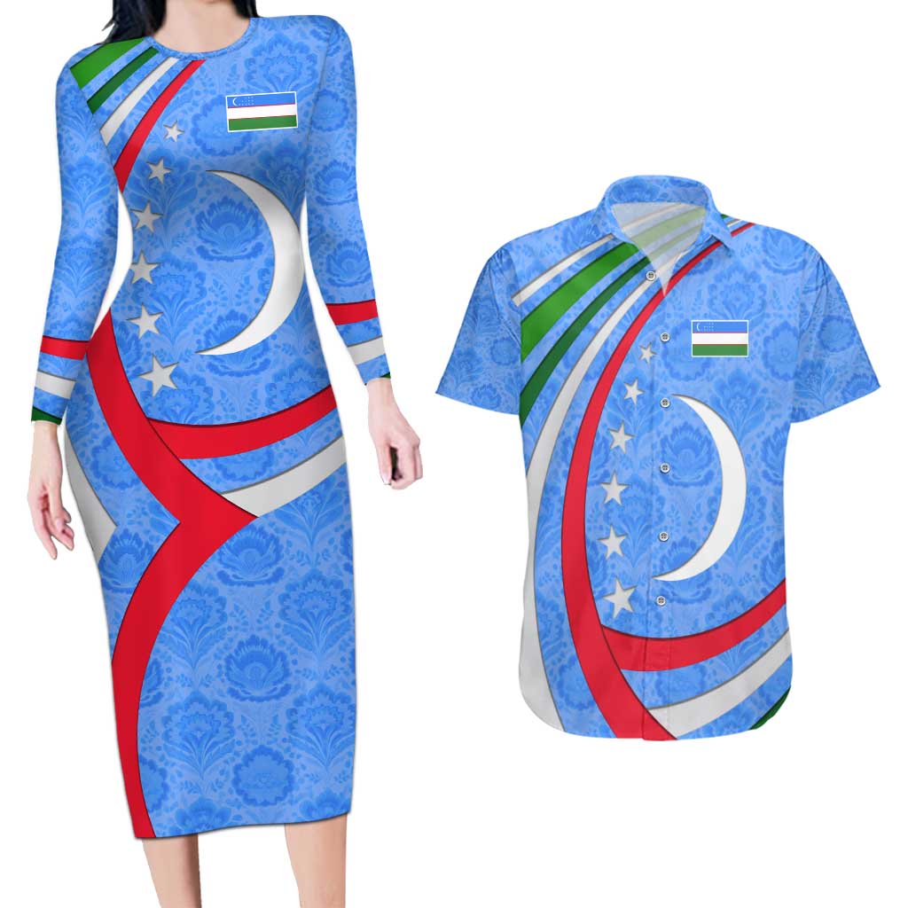 Uzbekistan Couples Matching Long Sleeve Bodycon Dress and Hawaiian Shirt with Crescent Star and Ornamental Swirl Design - Wonder Print Shop