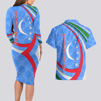 Uzbekistan Couples Matching Long Sleeve Bodycon Dress and Hawaiian Shirt with Crescent Star and Ornamental Swirl Design - Wonder Print Shop