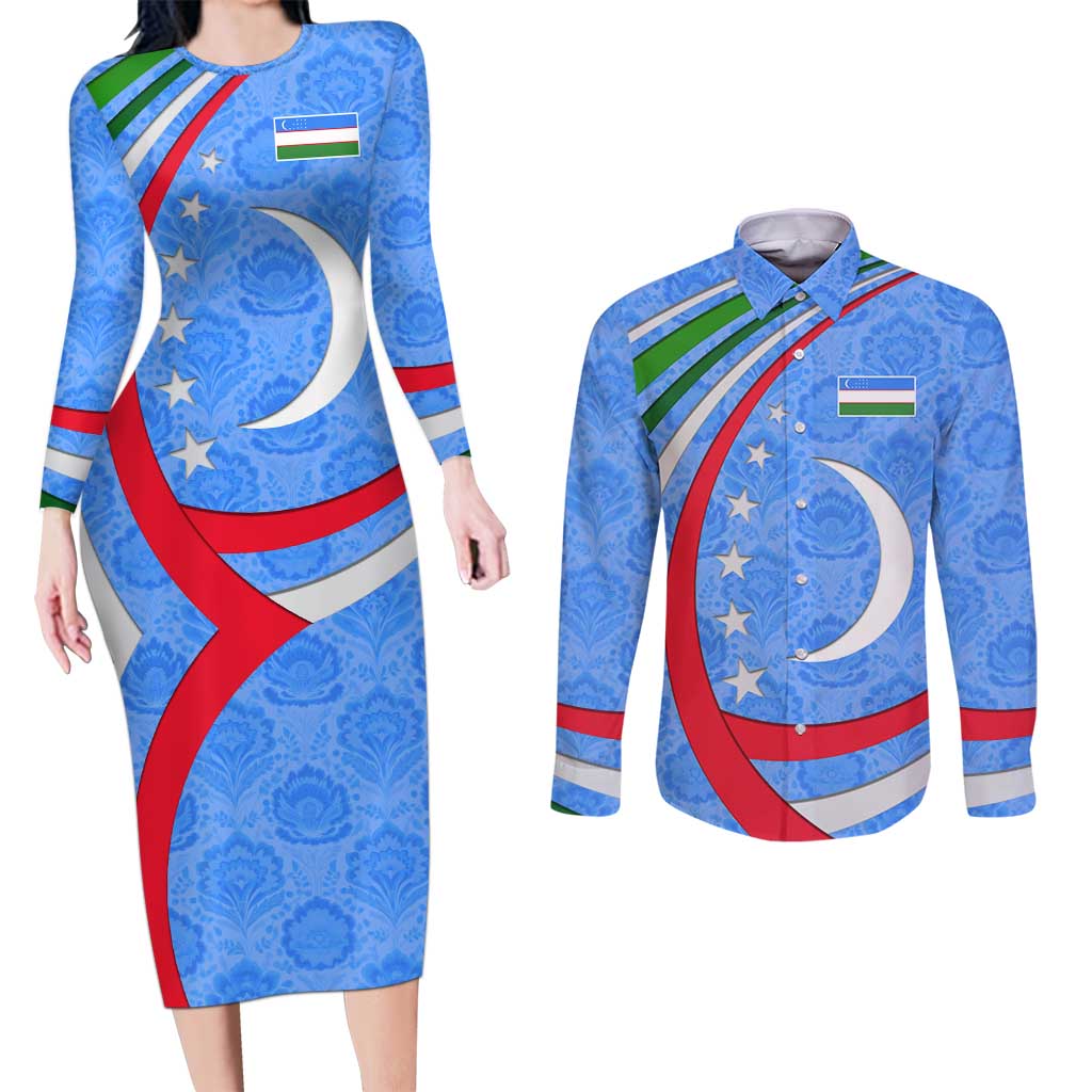 Uzbekistan Couples Matching Long Sleeve Bodycon Dress and Long Sleeve Button Shirt with Crescent Star and Ornamental Swirl Design - Wonder Print Shop