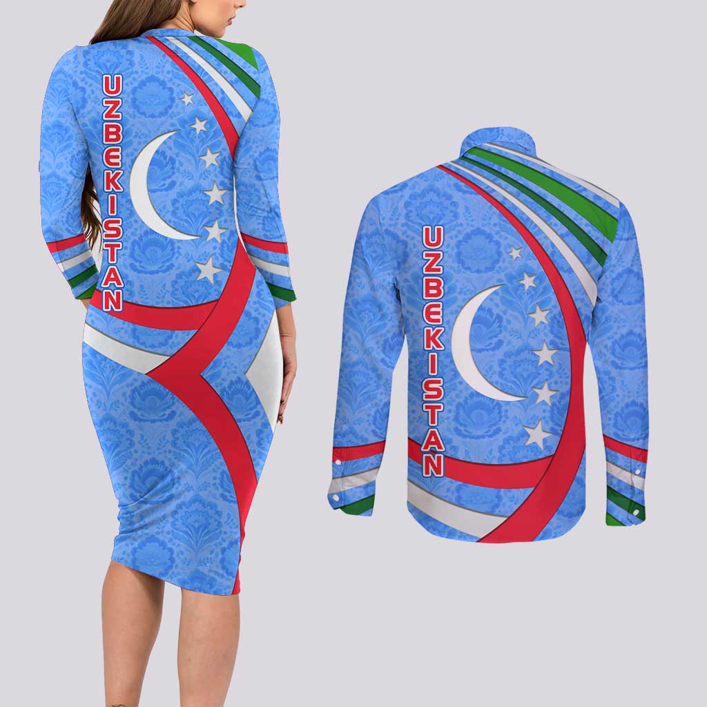 Uzbekistan Couples Matching Long Sleeve Bodycon Dress and Long Sleeve Button Shirt with Crescent Star and Ornamental Swirl Design - Wonder Print Shop