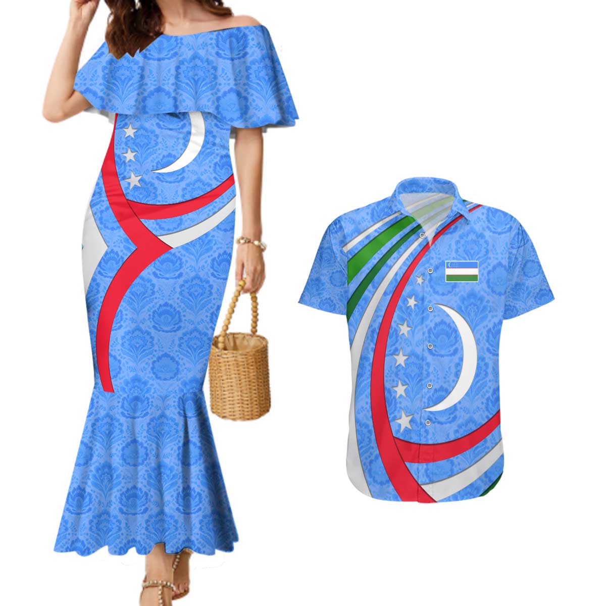 Uzbekistan Couples Matching Mermaid Dress and Hawaiian Shirt with Crescent Star and Ornamental Swirl Design - Wonder Print Shop