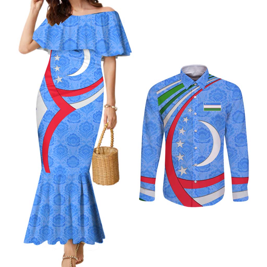 Uzbekistan Couples Matching Mermaid Dress and Long Sleeve Button Shirt with Crescent Star and Ornamental Swirl Design - Wonder Print Shop