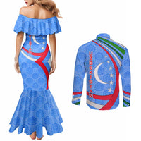 Uzbekistan Couples Matching Mermaid Dress and Long Sleeve Button Shirt with Crescent Star and Ornamental Swirl Design - Wonder Print Shop