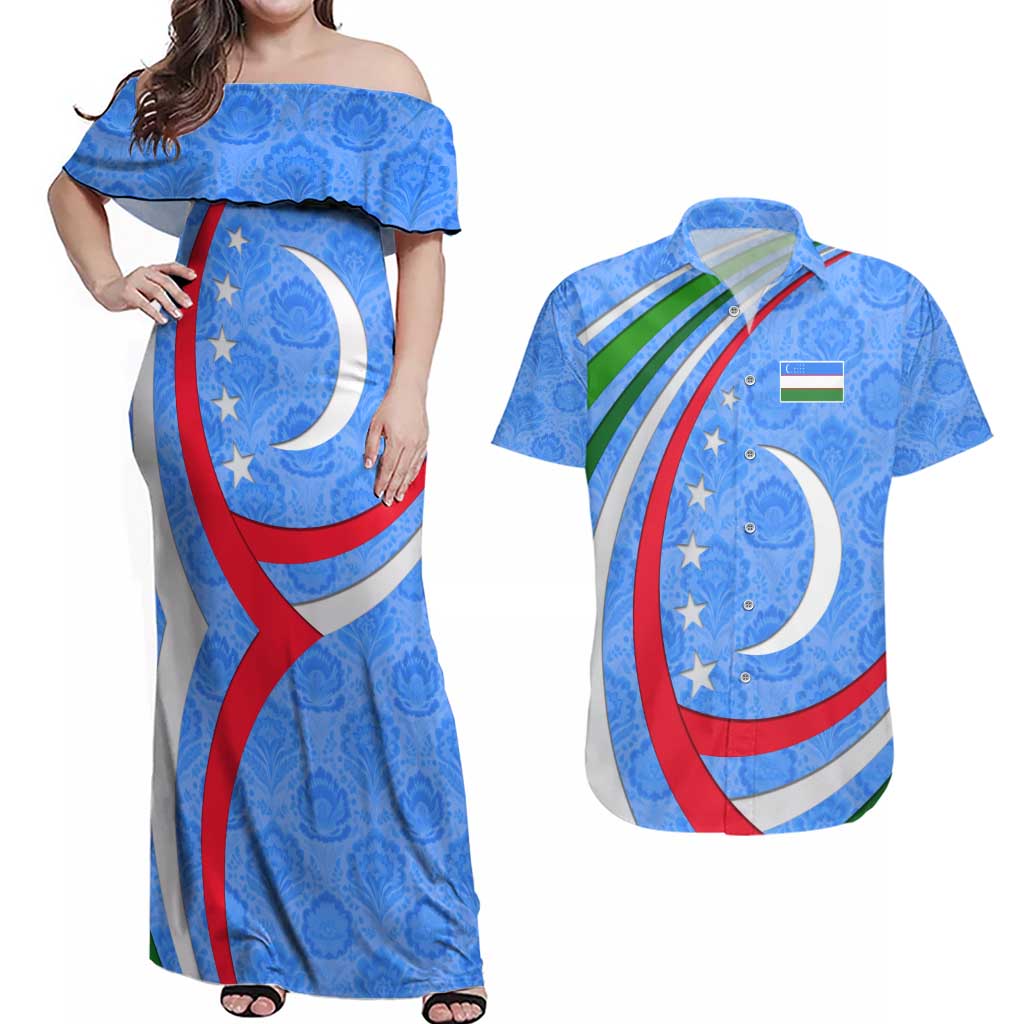 Uzbekistan Couples Matching Off Shoulder Maxi Dress and Hawaiian Shirt with Crescent Star and Ornamental Swirl Design - Wonder Print Shop