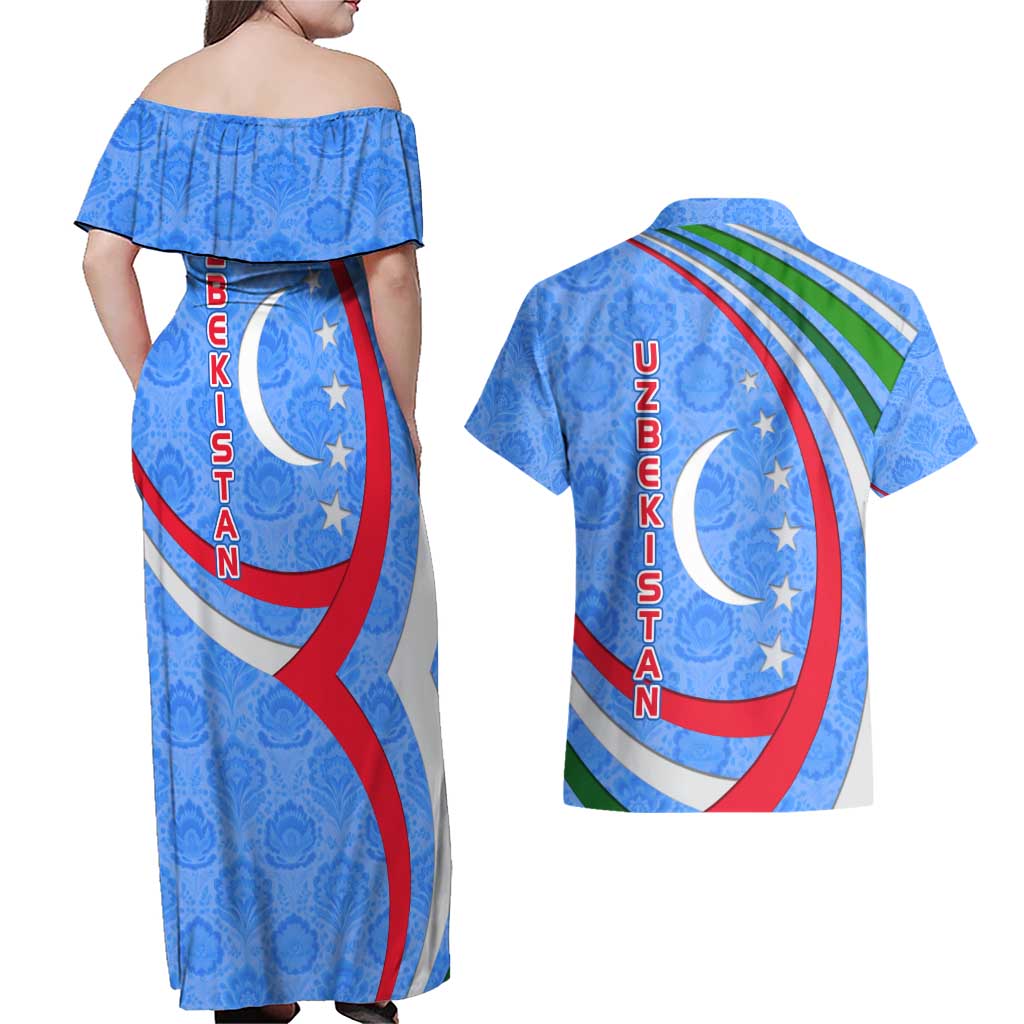 Uzbekistan Couples Matching Off Shoulder Maxi Dress and Hawaiian Shirt with Crescent Star and Ornamental Swirl Design - Wonder Print Shop