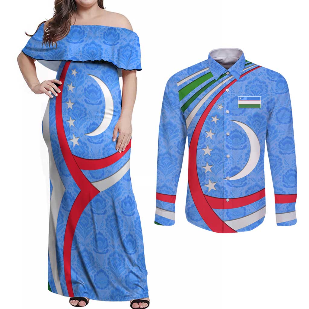 Uzbekistan Couples Matching Off Shoulder Maxi Dress and Long Sleeve Button Shirt with Crescent Star and Ornamental Swirl Design - Wonder Print Shop