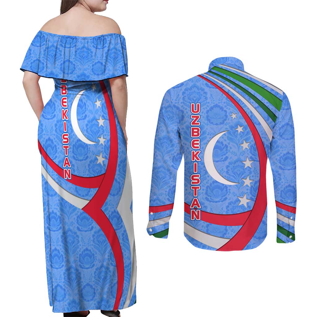 Uzbekistan Couples Matching Off Shoulder Maxi Dress and Long Sleeve Button Shirt with Crescent Star and Ornamental Swirl Design - Wonder Print Shop