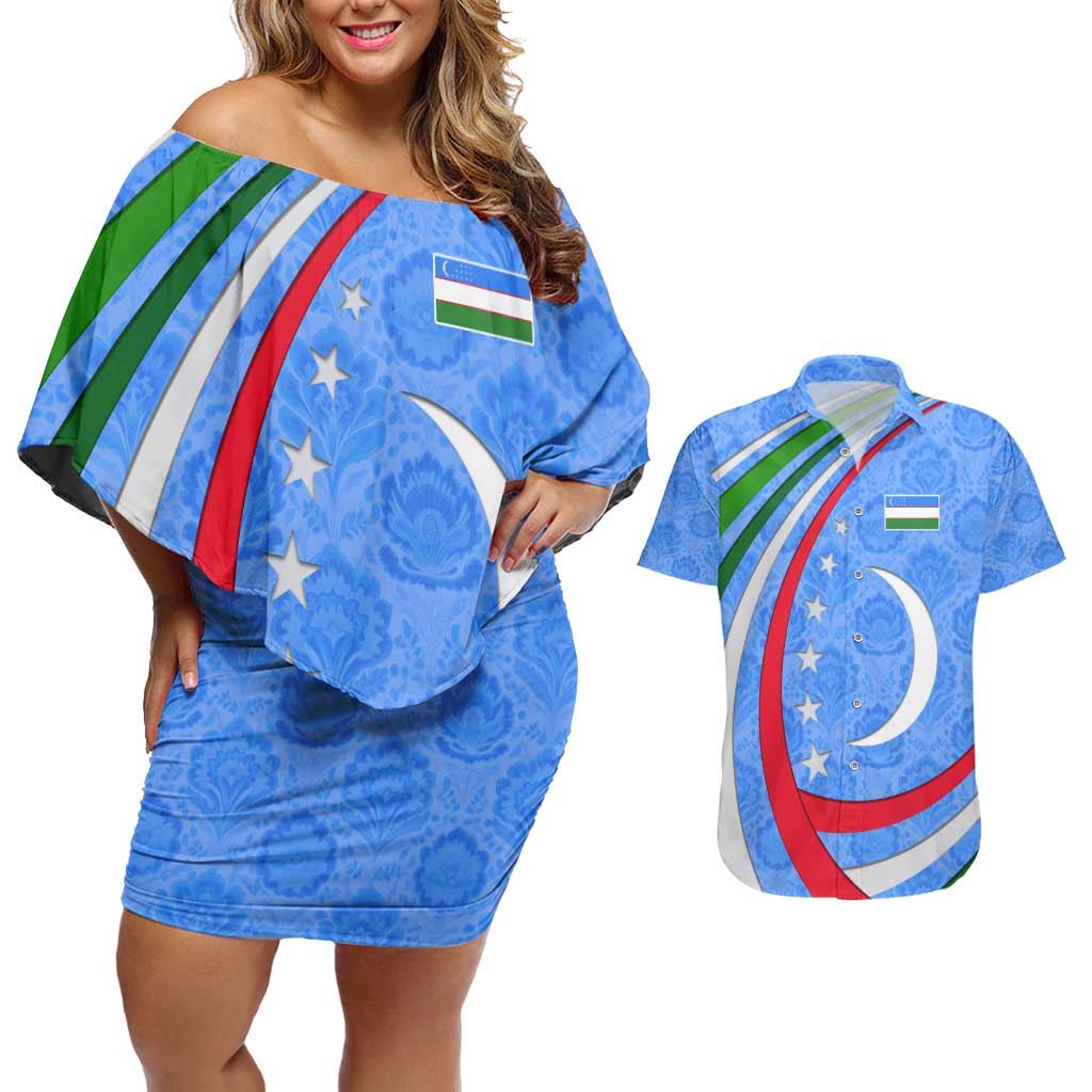 Uzbekistan Couples Matching Off Shoulder Short Dress and Hawaiian Shirt with Crescent Star and Ornamental Swirl Design - Wonder Print Shop