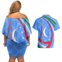 Uzbekistan Couples Matching Off Shoulder Short Dress and Hawaiian Shirt with Crescent Star and Ornamental Swirl Design - Wonder Print Shop