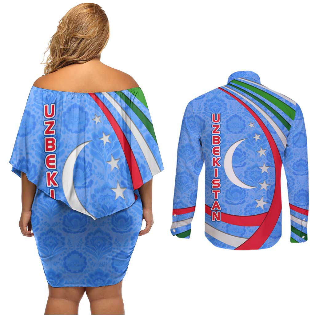 Uzbekistan Couples Matching Off Shoulder Short Dress and Long Sleeve Button Shirt with Crescent Star and Ornamental Swirl Design - Wonder Print Shop
