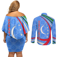 Uzbekistan Couples Matching Off Shoulder Short Dress and Long Sleeve Button Shirt with Crescent Star and Ornamental Swirl Design - Wonder Print Shop