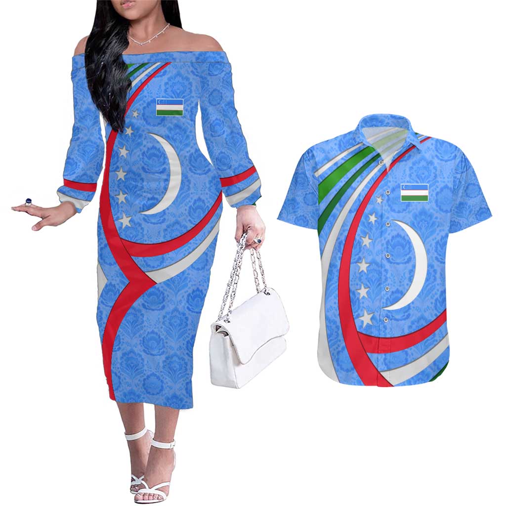 Uzbekistan Couples Matching Off The Shoulder Long Sleeve Dress and Hawaiian Shirt with Crescent Star and Ornamental Swirl Design - Wonder Print Shop