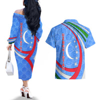 Uzbekistan Couples Matching Off The Shoulder Long Sleeve Dress and Hawaiian Shirt with Crescent Star and Ornamental Swirl Design - Wonder Print Shop