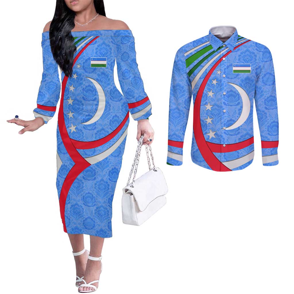 Uzbekistan Couples Matching Off The Shoulder Long Sleeve Dress and Long Sleeve Button Shirt with Crescent Star and Ornamental Swirl Design - Wonder Print Shop