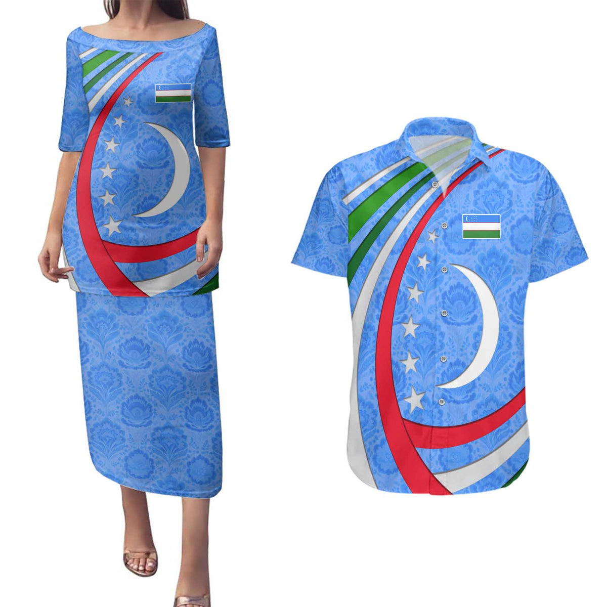 Uzbekistan Couples Matching Puletasi and Hawaiian Shirt with Crescent Star and Ornamental Swirl Design - Wonder Print Shop